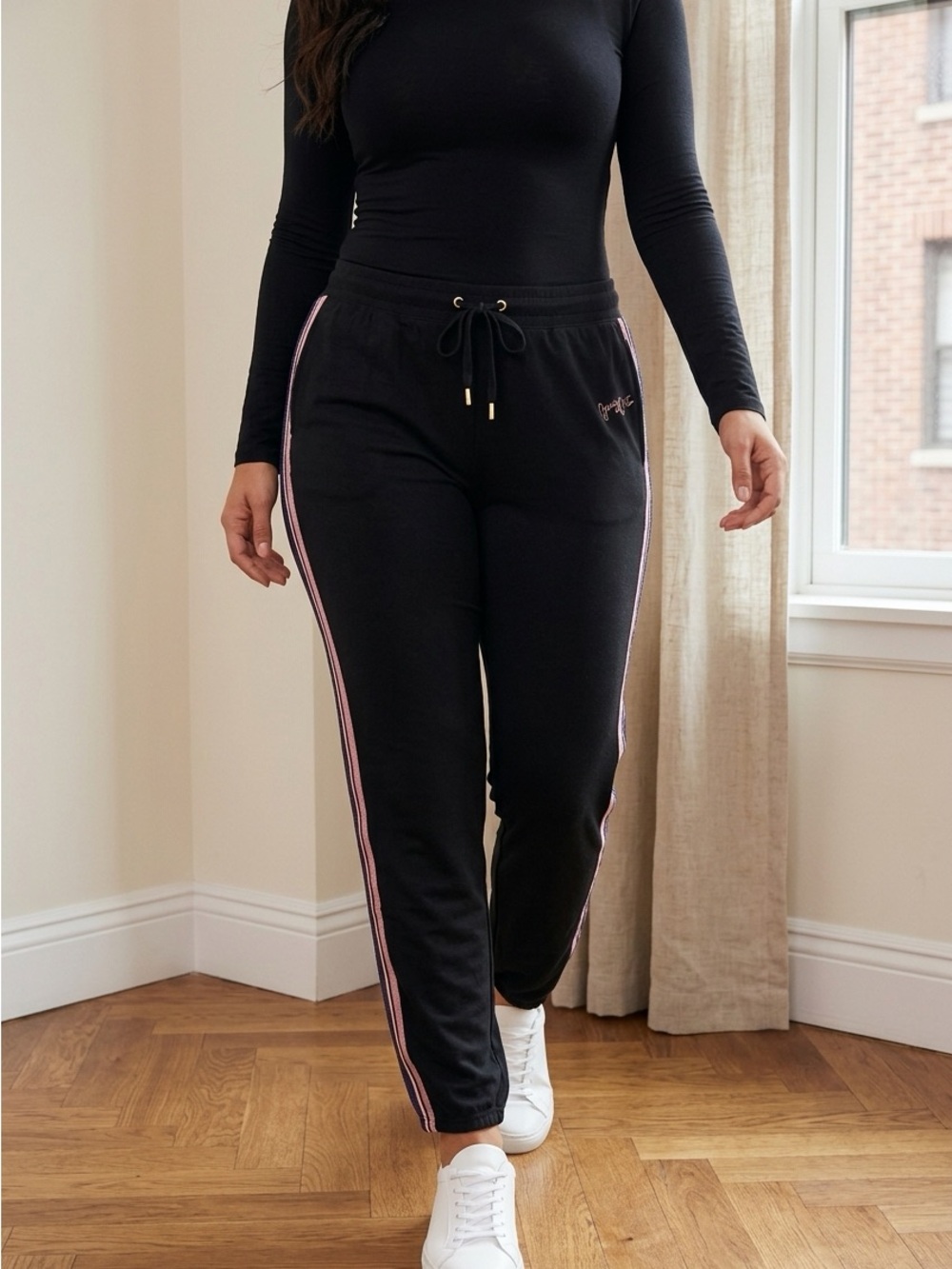 Juicy Couture Black Sport Track Pants Joggers Pink Blue Side Stripe